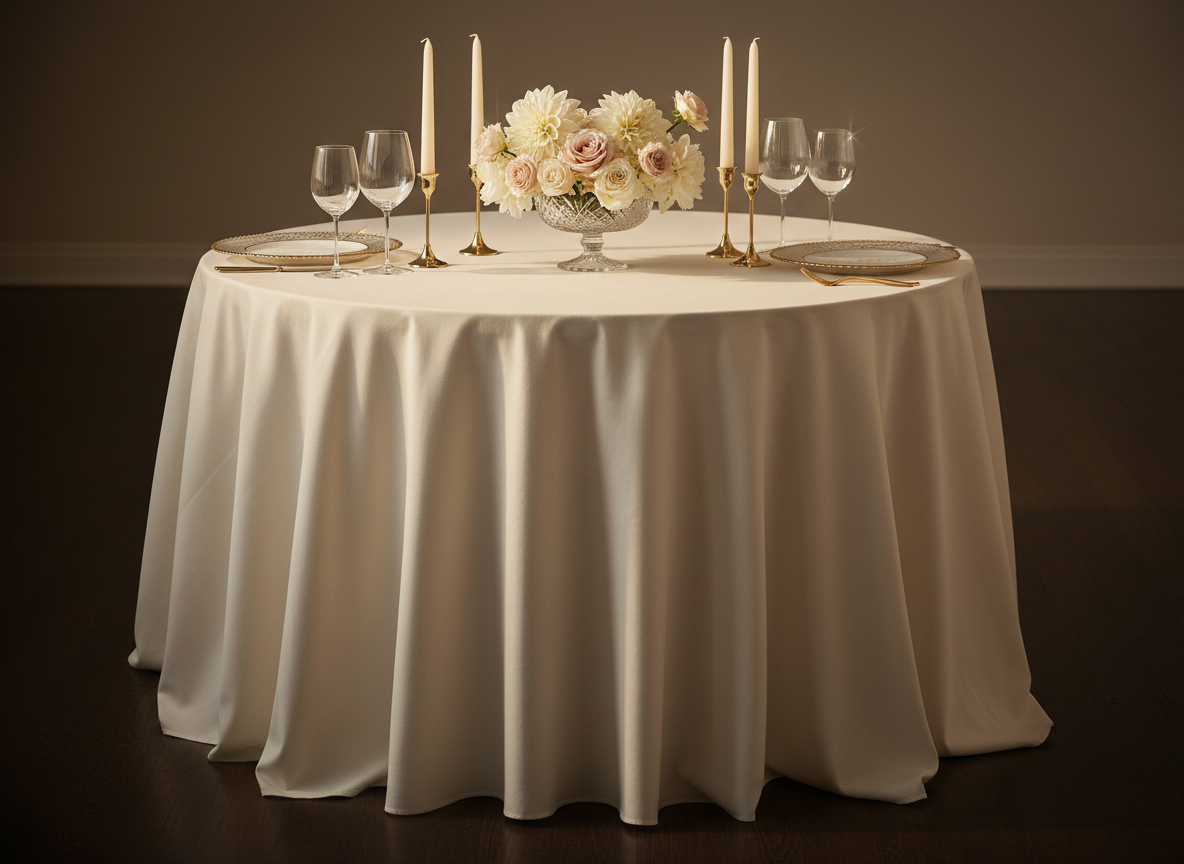An exquisitely set round event table draped in a weighty ivory linen cloth with a subtle matte texture, its edges falling in perfect soft folds toward a dark hardwood floor. At the center, a low crystal compote bowl overflows with creamy white dahlias and blush garden roses, surrounded by slender gold taper candleholders with unlit ivory candles. Fine bone china plates with a thin metallic rim are layered over a pale taupe charger, with crystal stemware reflecting tiny glints of light. Soft, warm studio lighting from the side creates elegant highlights on glass and metal, and gentle shadows under the folds of fabric. Photographic realism, eye-level composition with shallow depth of field, creating a sophisticated, timeless mood ideal for luxury event branding.