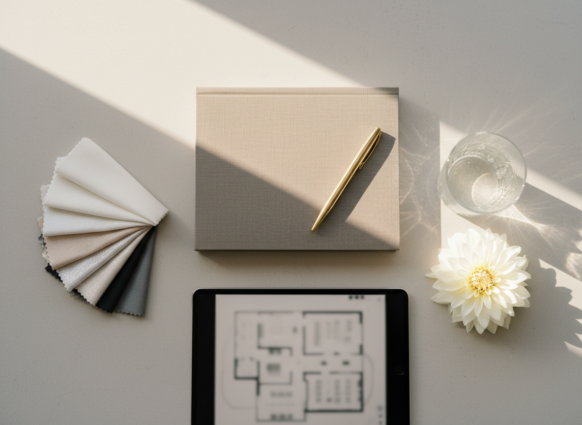 An overhead flatlay of an event planner’s refined workspace, carefully arranged on a pale stone tabletop with a soft, matte finish. A closed linen-covered planning book in warm dove gray sits slightly off-center, with a slim gold pen resting diagonally across it. Surrounding it are neatly fanned fabric swatches in ivory, champagne, and charcoal, a small crystal tumbler filled with clear water, and a single white dahlia bloom laid gently to the side. A tablet screen displays a blurred floor plan of an event layout. Natural morning light from the top left creates delicate shadows and subtle highlights on metallic accents. Photographic realism with a clean, minimalist aesthetic, shot from a true overhead angle with crisp focus throughout. The mood is organized, thoughtful, and quietly luxurious, evoking high-touch planning services.