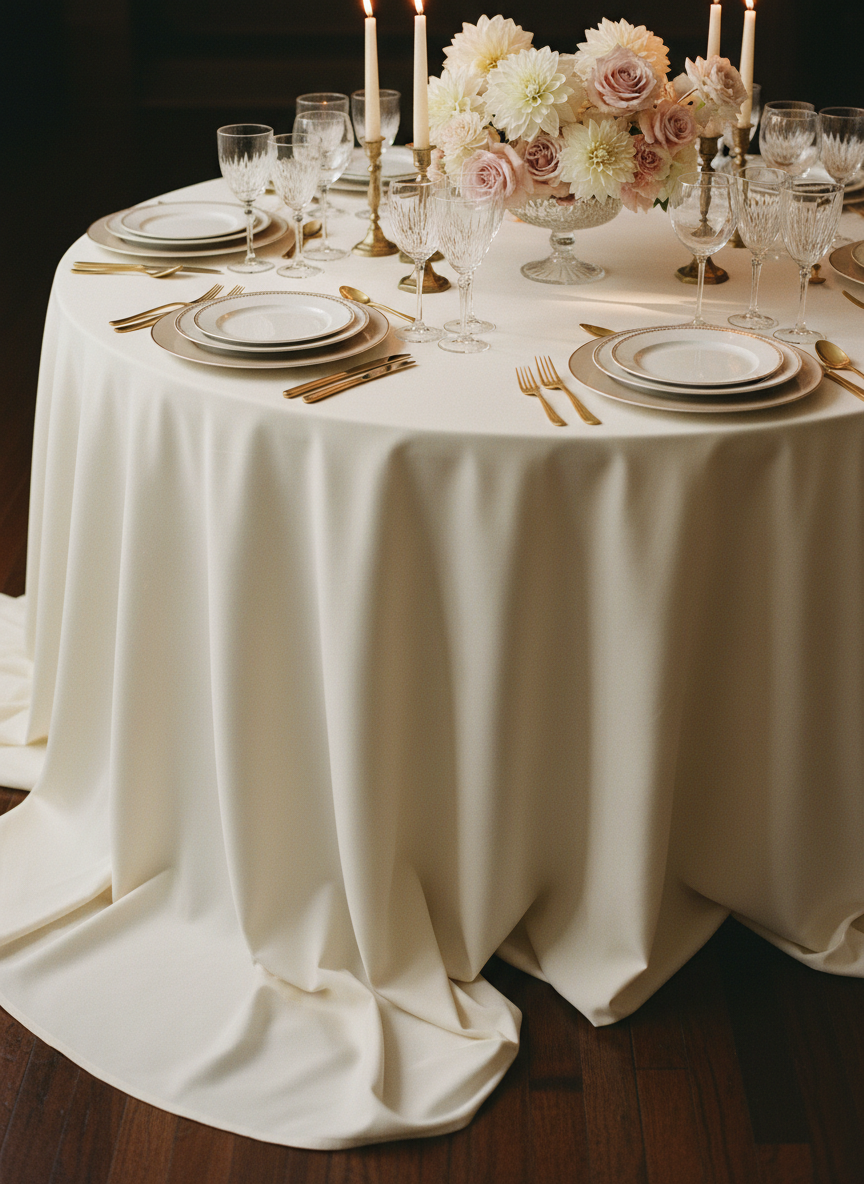 An exquisitely set round event table draped in a weighty ivory linen cloth with a subtle matte texture, its edges falling in perfect soft folds toward a dark hardwood floor. At the center, a low crystal compote bowl overflows with creamy white dahlias and blush garden roses, surrounded by slender gold taper candleholders with unlit ivory candles. Fine bone china plates with a thin metallic rim are layered over a pale taupe charger, with crystal stemware reflecting tiny glints of light. Soft, warm studio lighting from the side creates elegant highlights on glass and metal, and gentle shadows under the folds of fabric. Photographic realism, eye-level composition with shallow depth of field, creating a sophisticated, timeless mood ideal for luxury event branding.