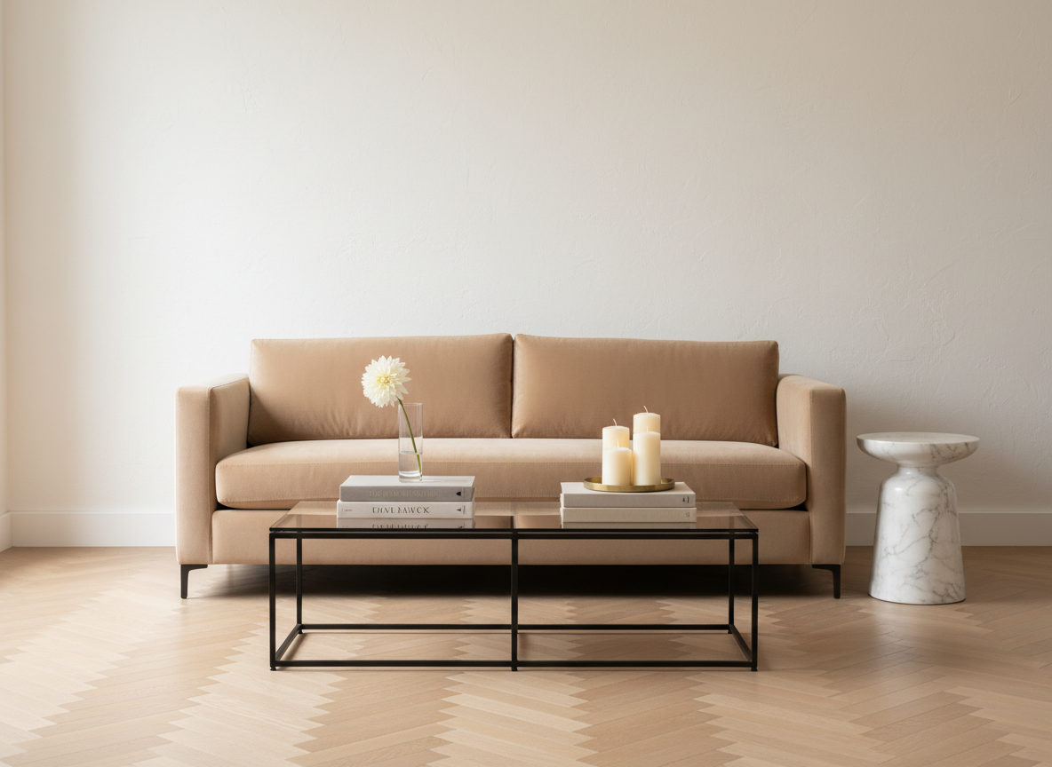 An assortment of premium event rental pieces arranged in a curated showroom vignette: a plush sand-colored velvet lounge sofa with clean lines, a pair of smoked-glass nesting coffee tables with slender black metal frames, and a single sculptural marble side table. On the tables, a few carefully placed design books, a single white dahlia in a thin glass bud vase, and a cluster of unscented ivory pillar candles on a brass tray. The backdrop is a smooth, warm white wall with subtle plaster texture, and a section of herringbone oak flooring visible in the foreground. Soft, diffused studio lighting from above and slightly to the left creates a gentle, inviting glow with delicate shadows. Photographic realism, centered composition with a calm, minimalist, sophisticated atmosphere ideal for showcasing rental inventory.