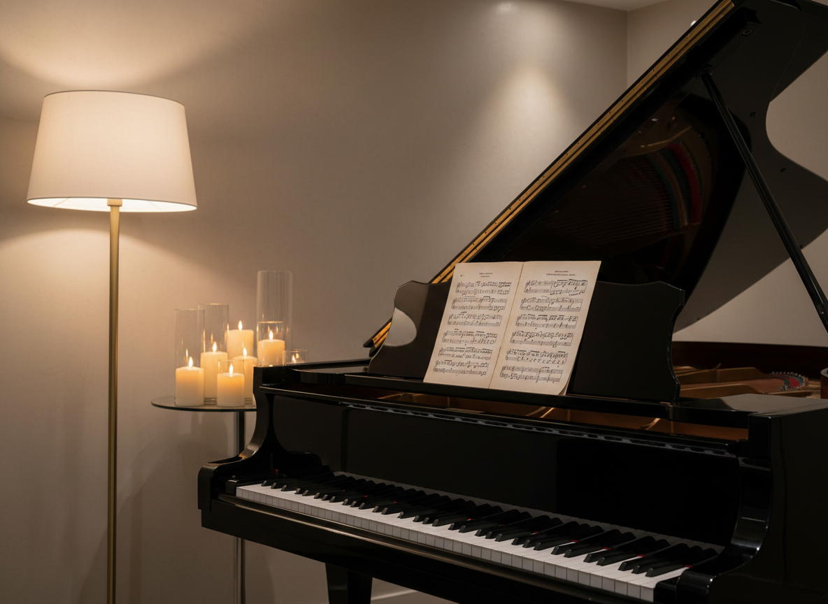 A meticulously styled musician’s corner prepared for an upscale event, without any performers present. A gleaming black grand piano with an open lid reveals polished strings, its lacquered surface reflecting a cluster of tall glass candle cylinders on a nearby mirrored pedestal. A sleek black music stand holds elegantly printed sheet music on creamy paper, angled just so. In the background, a brushed brass floor lamp with a white linen shade casts a warm pool of light against a textured neutral wall. Additional ambient lighting from recessed ceiling fixtures adds soft highlights, keeping the overall scene gently dim and atmospheric. Photographic realism, three-quarter angle composition focusing on the piano keys and sheet music, with a subtly blurred backdrop. The mood is refined, artistic, and quietly anticipatory, perfect for communicating live music offerings.