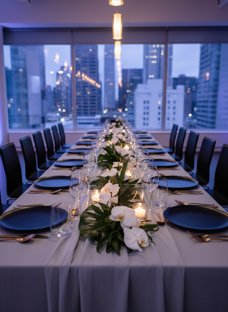 A long banquet table elegantly arranged for a high-end corporate gala, featuring dove-gray linen, sleek black stoneware plates, and brushed champagne-gold flatware aligned with meticulous precision. Low, linear arrangements of white orchids and structured greenery run down the center, interspersed with small glass votives and minimalist acrylic table numbers. The setting is a modern loft venue with floor-to-ceiling windows revealing a softly blurred city skyline at dusk. Cool, diffused evening light mixes with warm overhead pendant lighting, casting refined reflections on the glassware. Captured in photographic realism from a slightly elevated angle along the table’s length, with strong depth of field to show the continuity of the layout. The atmosphere feels polished, modern, and quietly luxurious, evoking professional, impeccably managed events.