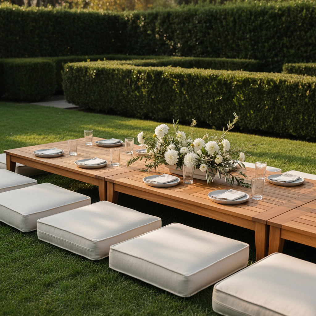 A serene outdoor garden setting prepared for an intimate corporate retreat, featuring a low, rectangular teak table with a smooth, oiled finish surrounded by thick, ivory floor cushions arranged in symmetrical pairs. The tabletop is styled with simple stoneware plates in soft greige, clear stemless water glasses, and a single long, low arrangement of white dahlias, olive branches, and airy grasses in a muted ceramic trough. The ground is a manicured lawn, and beyond, structured hedges provide a lush but orderly backdrop. Late-afternoon natural light filters through, creating dappled patterns on the table and cushions while remaining soft and flattering. Photographic realism, eye-level composition with a gentle diagonal leading line across the table. The atmosphere is calm, grounded, and luxuriously understated, highlighting relaxed yet elevated event design.