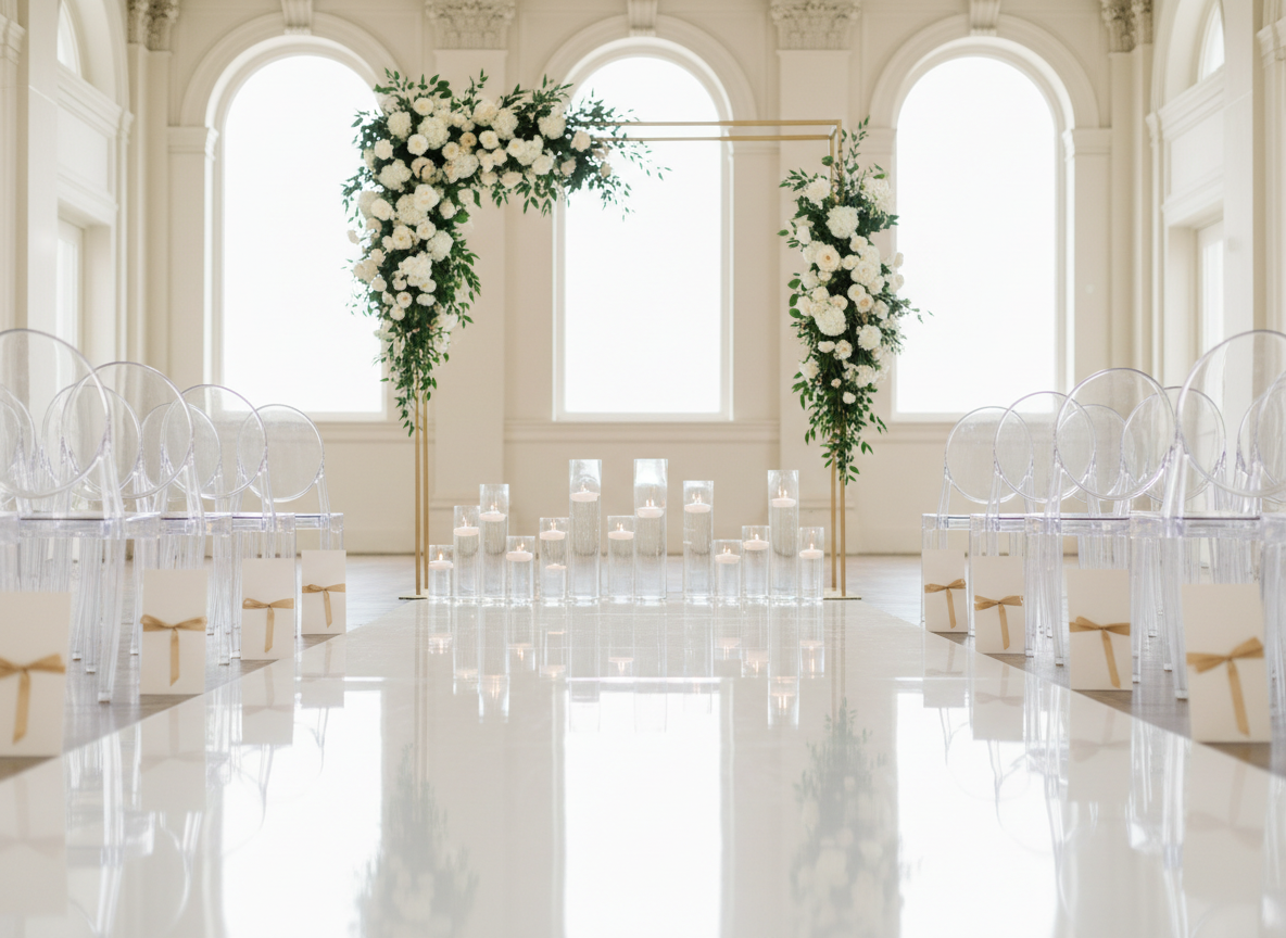 A grand wedding ceremony arch constructed from a slim, brushed-gold metal frame, densely adorned at the corners with cascading white hydrangeas, dahlias, and trailing Italian ruscus. The arch stands at the end of a glossy white aisle runner that reflects the floral details, flanked by clear ghost chairs with no occupants, each holding a single folded ivory program. Beyond, tall glass vases with floating candles line the back, their surfaces catching subtle highlights. The setting is an airy, high-ceilinged hall with large windows letting in soft, diffused natural daylight, creating an ethereal glow. Photographic realism, shot from a low, centered angle down the aisle with a shallow depth of field, emphasizing the arch as a focal point. The mood is romantic, elevated, and meticulously designed.