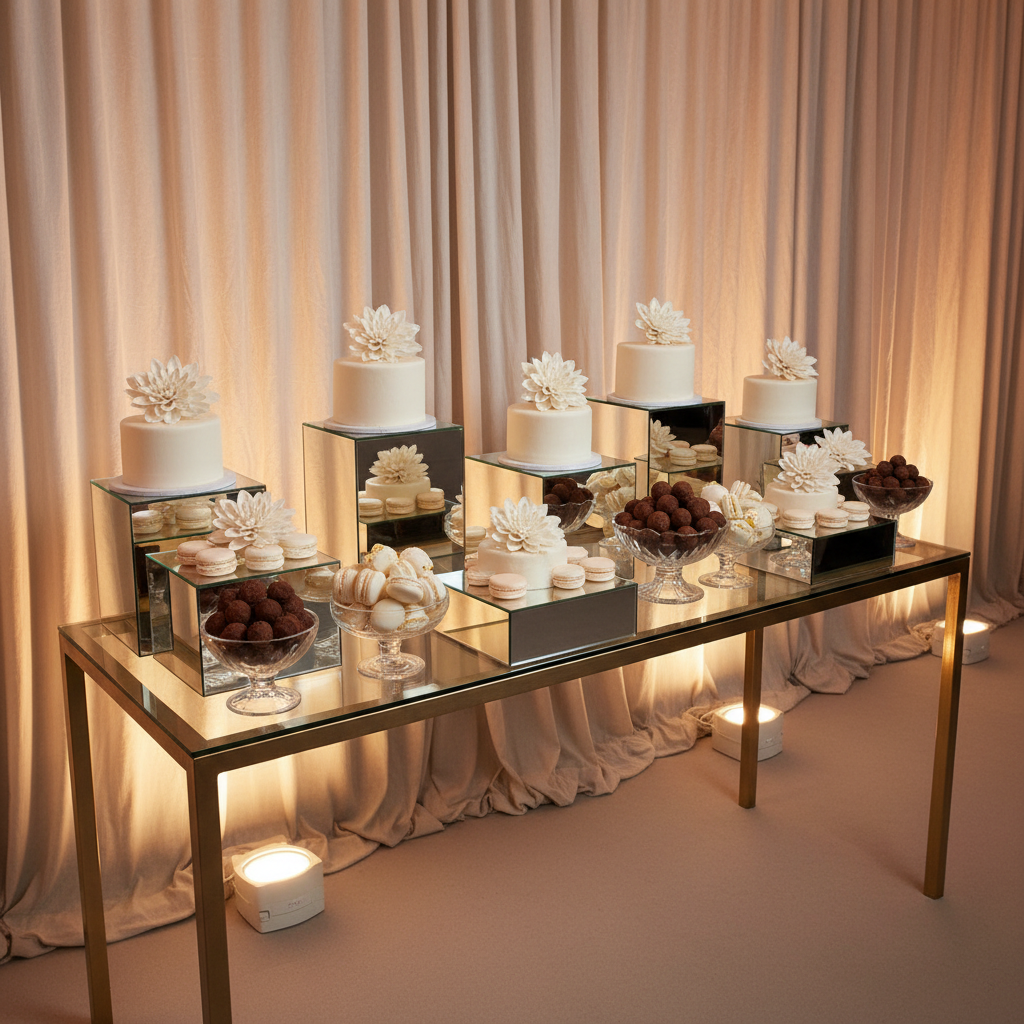 A sophisticated dessert display designed for a black-tie wedding reception, arranged on a long, narrow glass-top table with slender, brushed-gold legs. On mirrored risers, minimalist white fondant mini cakes, each with a single sugar dahlia, are spaced with architectural precision. Low crystal compotes hold artfully arranged macarons in ivory and pale blush, while fine crystal bowls contain meticulously stacked dark chocolate truffles. The backdrop is a softly draped, floor-to-ceiling champagne-colored curtain with a subtle sheen, catching highlights from concealed uplights at the base. Warm, directional lighting from above creates delicate reflections on the glass and metallic surfaces. Photographic realism, shot at a slightly elevated three-quarter angle with moderate depth of field, keeping the entire display crisp. The mood is indulgent, polished, and elegantly restrained, perfect for luxury catering visuals.