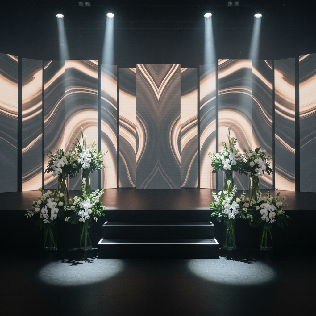 A dramatic stage setup for a corporate awards night, viewed from the audience perspective but with no attendees present. The stage features a wide, matte black platform with three ascending steps, flanked by symmetrical arrangements of tall, crystal-clear column vases filled with structured white florals and dark greenery. Behind, a series of vertical LED panels display an abstract, softly glowing pattern in charcoal and champagne tones. Subtle spotlights from above create crisp pools of light on the stage surface, while edge lighting outlines the platform with a thin, elegant glow. Slight haze in the air makes the beams of light gently visible. Photographic realism, wide-angle composition emphasizing symmetry and scale, with strong depth of field. The atmosphere feels prestigious, modern, and impeccably produced, ideal for showcasing production capabilities.