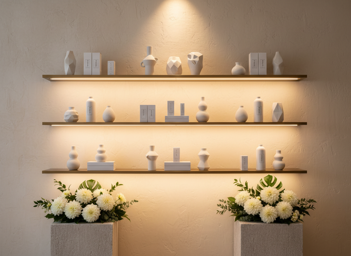 An artistically lit installation wall created for an upscale brand activation, featuring a large matte plaster backdrop in warm ivory with a subtle, hand-troweled texture. Floating shelves in thin, brushed-brass hold a curated selection of sculptural white ceramics and a few carefully placed branded objects in monochrome packaging. At the base, two low plinths in textured stone display minimalist floral arrangements of single-variety white dahlias and structured greenery. Concealed LED strip lighting under each shelf casts a soft downward glow, while a narrow spotlight from above grazes the wall, emphasizing texture. Photographic realism, straight-on composition with precise alignment and sharp focus. The mood is modern, gallery-like, and quietly dramatic, perfect for showcasing refined experiential event design without any human presence.